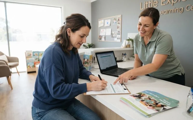 Parent using a laptop at home to complete a Child Care Subsidy application through a government online portal