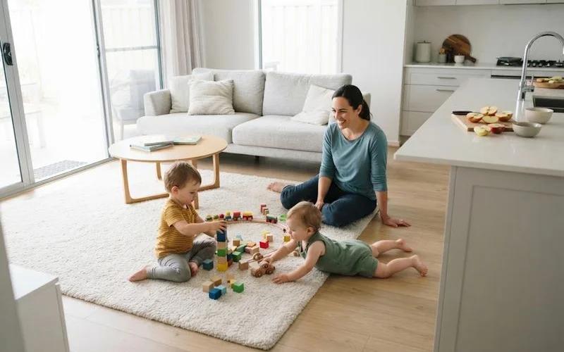 Small home-based playroom setting with a few toys and cushions arranged for young children in family day care
